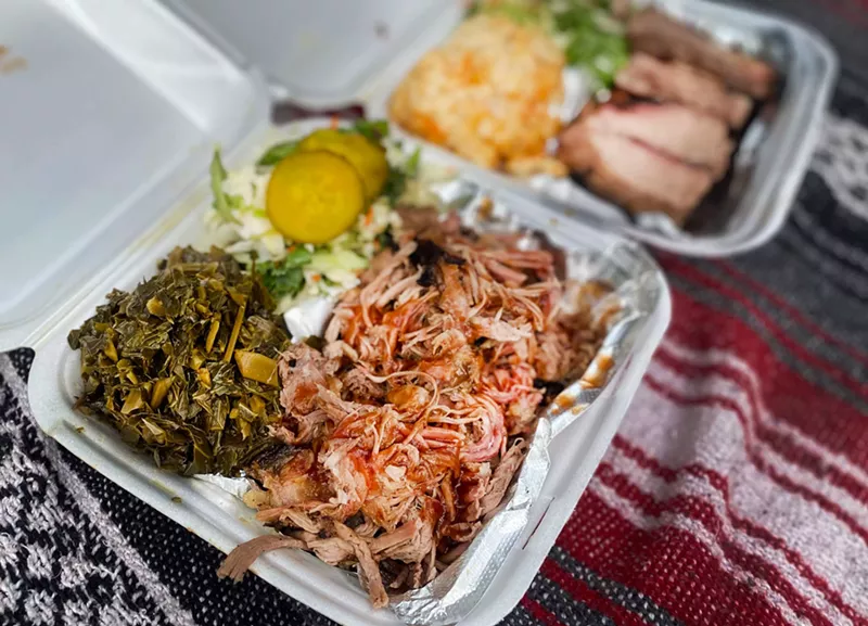 Pulled pork and beef brisket dinners from the Regal Beagle: “Michigan-style” barbecue that has Ypsi cheering. - Tom Perkins