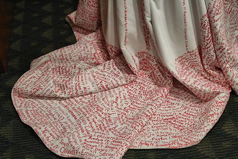 The names of child marriage victims in Michigan written on the wedding dress Nina Van Harn said she wore when she was forced into a marriage at age 19. The ages on the dress go as low as 14. Van Harn and other advocates to end child marriage in Michigan testified at the state House Judiciary Committee meeting on May 10, 2023. - Anna Liz Nichols