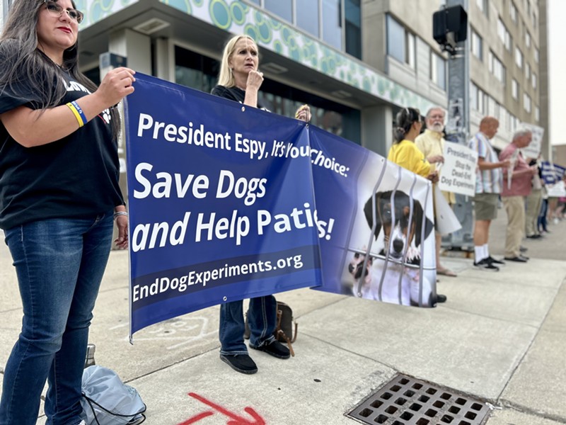 Protesters gathered at Wayne State University on Wednesday to call on the new president to stop inhumane experiments on dogs. - Steve Neavling