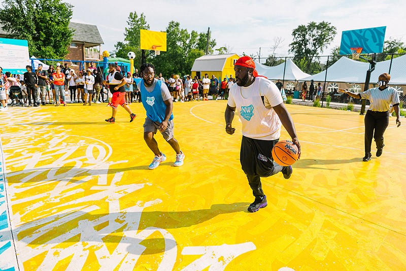 The NBA-size court, painted yellow, blue, and gold, has six hoops. Soon, there'll be a scoreboard, thanks to a donation from PepsiCo. - City of Detroit