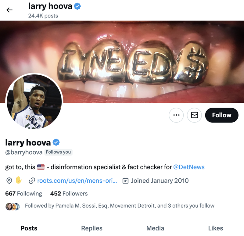 A screenshot of the @barryhoova account that claims to be a “disinformation specialist & fact checker for @DetNews” linked to a discarded account for The Detroit News that was discarded more than 10 years ago. - Screenshot, X