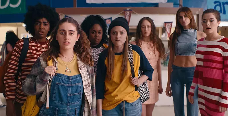 In Bottoms, queer girls Josie (Ayo Edebiri) and PJ (Rachel Sennott), on the far left, cope with the absurdity of high school. - Courtesy Of Orion Pictures Inc © 2023 Orion Releasing Llc