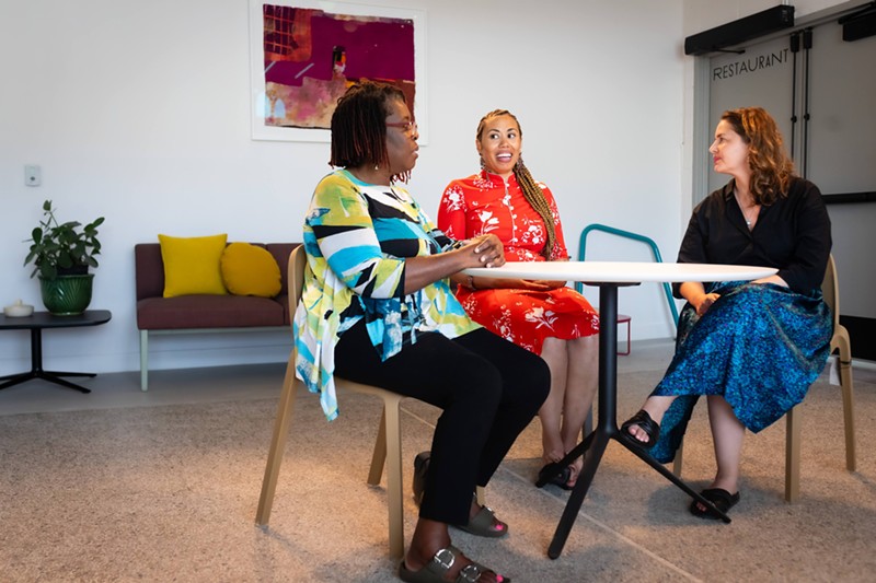 “Mama” Nezaa Bandele (left); Lauren Thomas, from the Detroit Justice Center (center); and AMP co-executive director Toni Moceri (right). - Viola Klocko