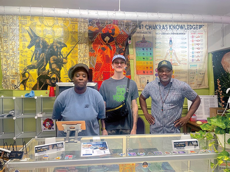 Shaman Shu (far right) and the Soul Tribes International staff in the sacrament center, where they sell psilocybin mushrooms. - Randiah Camille Green