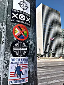Neofascist stickers displayed at Hart Plaza in downtown Detroit. - Telegram/Great Lakes Active Club