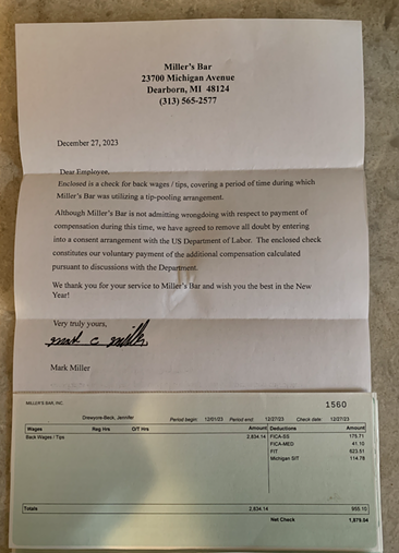 A letter from Miller’s Bar to Jennifer Drewyore-Beck dated Dec. 27, 2023, including a check for back wages. - Courtesy of Jennifer Drewyoree-Beck