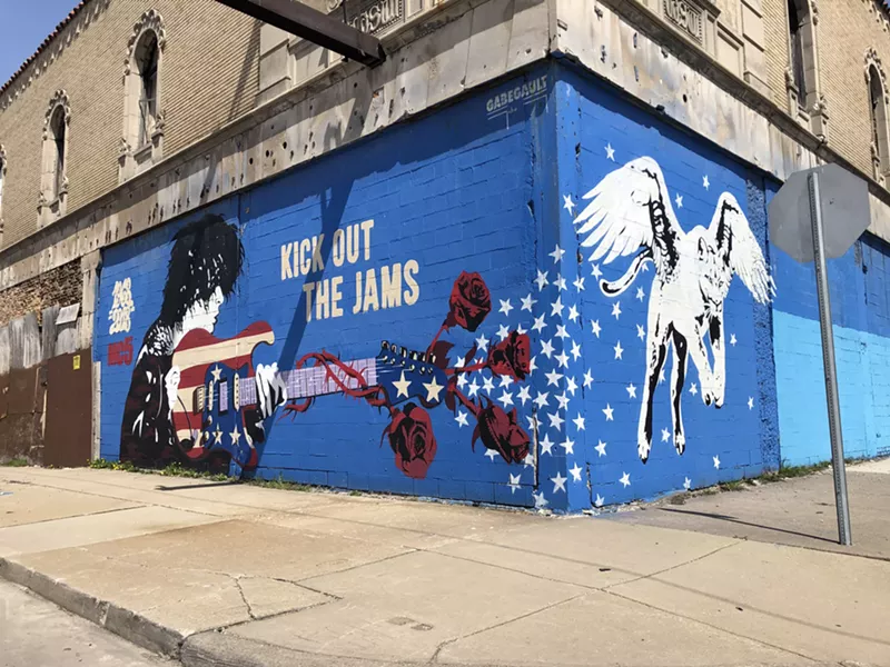 A mural of Wayne Kramer and the MC5 on Detroit's former Grande Ballroom, where the band recorded its landmark Kick Out the Jams. - Lee DeVito