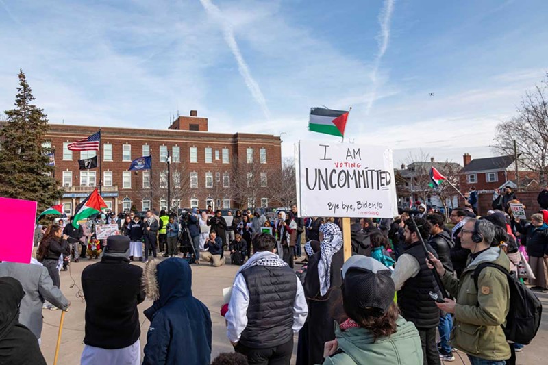 Two days ahead of Michigan’s Presidential primary election, a rally in Hamtramck urges voters to choose “uncommitted” instead of Joe Biden. - Jim West/Alamy Live News