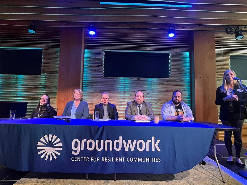 Panelists at a Traverse City-based event on April 24, 2024. From left to right: Holly Bird of the nonprofit Title Track, Denise Keele of MiCAN, engineer Brian O’Mara, attorney Dan Bock of the Michigan Attorney General's office, Sean McBrearty of Oil & Water Don’t Mix and Ashley Rudzinski of Groundwork. - Izzy Ross/IPR News