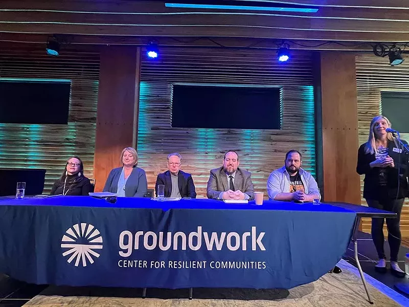 Panelists at a Traverse City-based event on April 24, 2024. From left to right: Holly Bird of the nonprofit Title Track, Denise Keele of MiCAN, engineer Brian O’Mara, attorney Dan Bock of the Michigan Attorney General's office, Sean McBrearty of Oil & Water Don’t Mix and Ashley Rudzinski of Groundwork. - Izzy Ross/IPR News