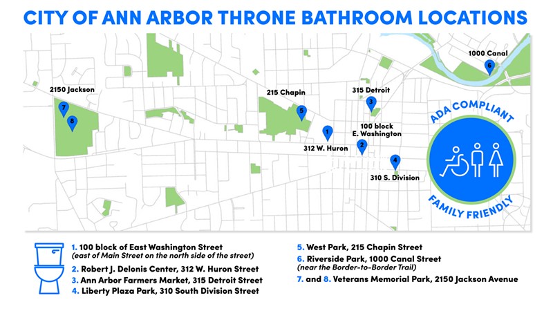 A map of the upcoming free portable public restroom locations in Ann Arbor. - Courtesy photo