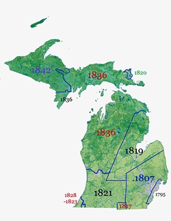 Map shows the dates and territory taken from the Indians during the treaties starting with the 1807 Treaty of Detroit. - Robert Downes