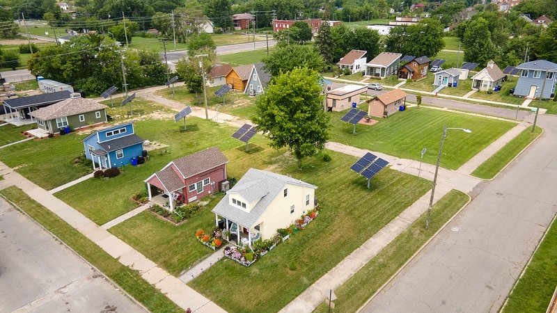 Aerial photo of a tiny home community in Detroit. - Shutterstock