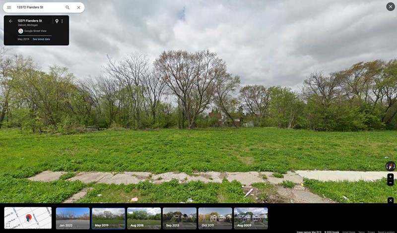 What was once a block of well-kept homes in 2009 is now an empty lot by 2019. - Google Maps