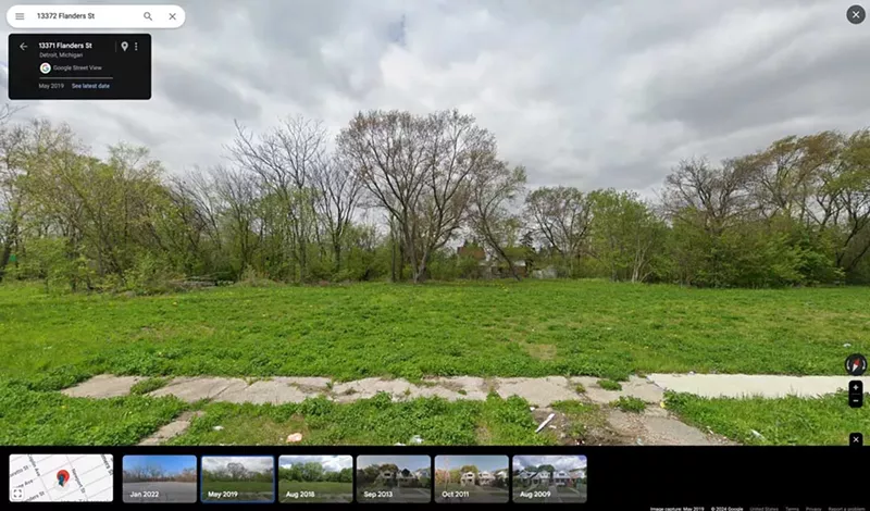 What was once a block of well-kept homes in 2009 is now an empty lot by 2019. - Google Maps