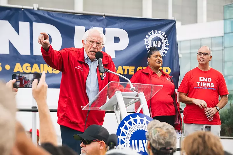 U.S. Senator Bernie Sanders speaks to striking auto workers in Detroit in 2023. - Viola Klocko