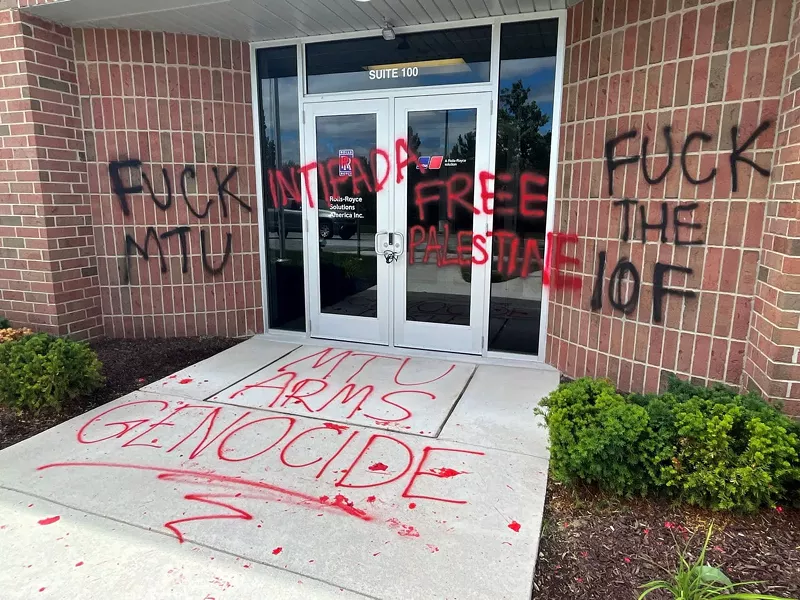 Pro-Palestinian graffiti at a Rolls Royce office in Novi. - Michigan Attorney General's Office