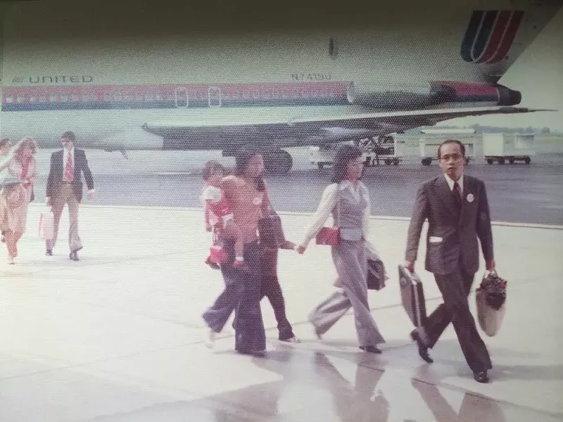 Tony Vu’s family arrives to Tri-City Airport following the fall of Saigon. From right: Dr. Vu Hoat, Le Kim Hoang, Hung Vu, Dana Ngyuen, and Nina Vu. - Courtesy photo