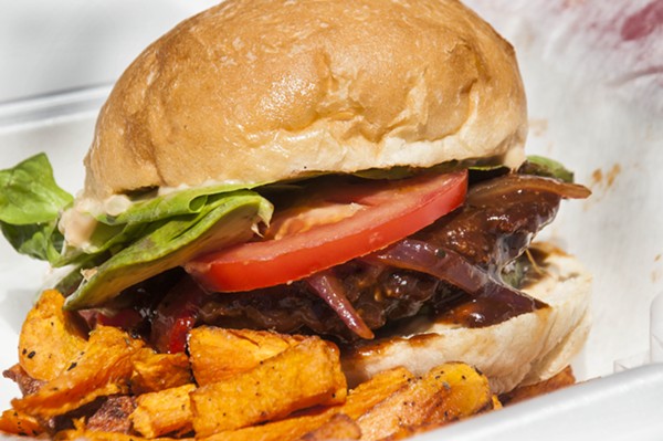 Jamaican jerk BBQ burger made with a black-eyed pea patty. - Tom Perkins