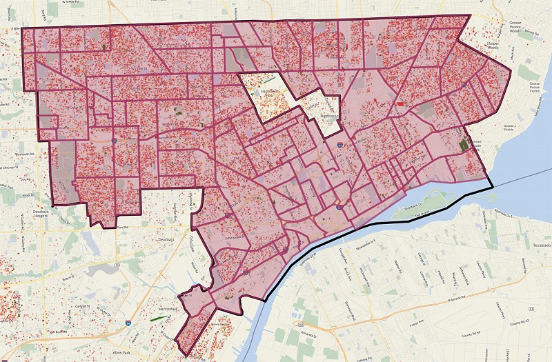 Map of tax foreclosed properties in Detroit from May, 2017. Occupied structures are in red. - Loveland Technologies