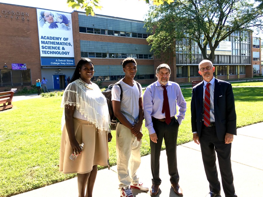 Left to right: Osborn college adviser Andrea Jackson, Jamarria Hall, Public Counsel’s Mark Rosenbaum, and co-counsel Mike Kelley in front of Osborn High School. - Photo courtesy Anne Hudson-Price