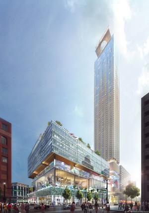 A rendering of Dan Gilbert’s proposed development for the site of the former J.L. Hudson’s department store. - COURTESY PHOTO