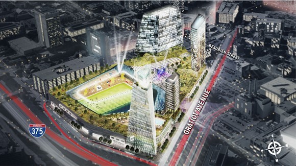 Digital rendering of the proposed $1 billion mixed-use soccer stadium development at the "fail jail" site. - Rock Ventures