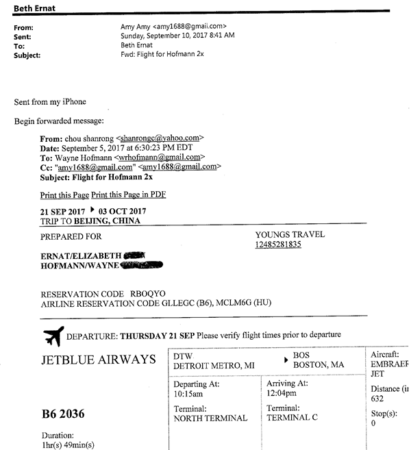 Email records that show that the travel agent sent the tickets to the developer on Sept. 5. The developer then sent them to Ernat on Sept. 10. Ernat claims the tickets were purchased on Sept. 10, and that she thought they came from the CSSA. - City of Ypsilanti