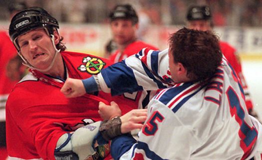 Yeah, we know, that's Probert fighting Darren Langdon, not Wendel Clark. Well, it's not like free pro sports photos grow on trees, now, do they? - Courtesy Wikipedia Commons,