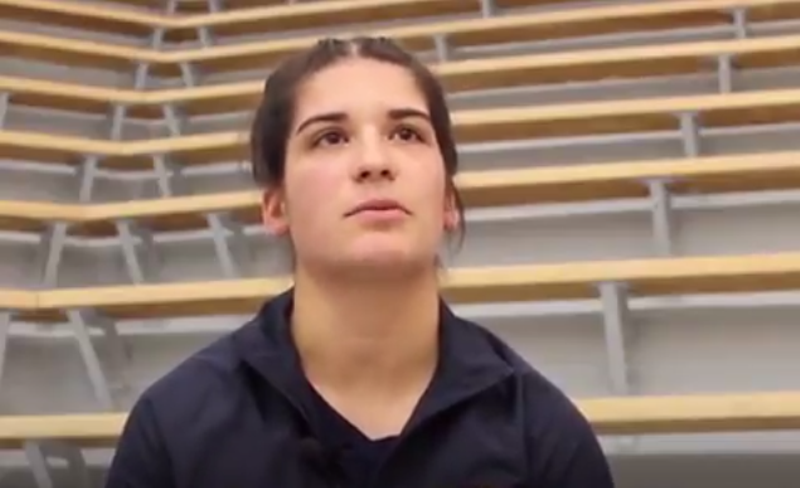 U-M-D's Marina Goocher is not allowed to wrestle for most of the season under NCWA rules. - Screengrab from ACLU video