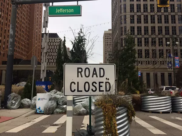 A "road closed" sign on Jefferson near Woodward, the site of the Spirit of Detroit Plaza. - Tom Perkins