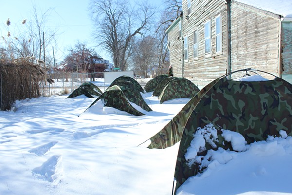 Empty tents at Resurrection City on Mt. Elliot St. The area's 25 homeless have migrated indoors for winter. - Jack Nissen