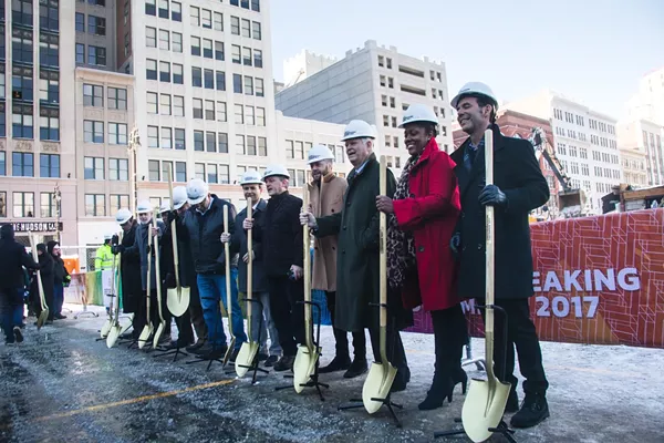 Gilbert and Detroit city officials during the ceremonial groundbreaking for the Hudson site project. - Jordan Buzzy
