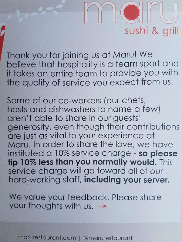 Sign posted at Maru Sushi showing its tip policy. - Courtesy photo