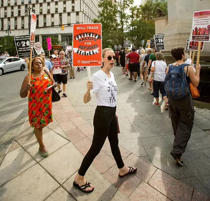 In August, demonstrators marched in Campus Martius to protest fascism after a white supremacist drove his car into a crowd of protesters in Charlottesville, Va. - Nick Hayes