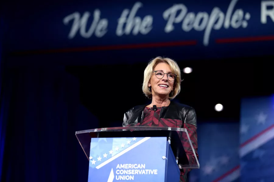 Betsy DeVos speaking at the 2017 Conservative Political Action Conference in National Harbor, Maryland. - Gage Skidmore