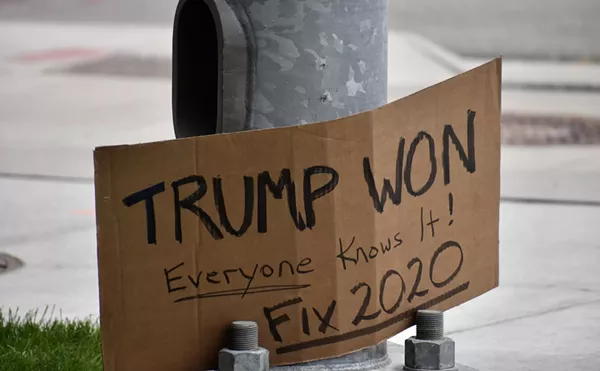 Right-wing rally calling for a so-called &ldquo;audit&rdquo; of the 2020 election at the Michigan Capitol, Oct. 12, 2021.