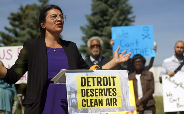 U.S. Rep. Rashida Tlaib speaks at a news conference outside U.S. Ecology in Detroit.