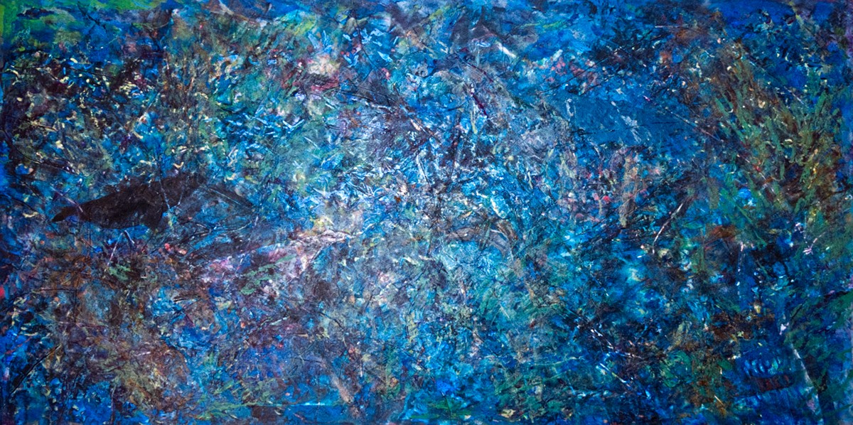 connected under water, mixed media on panel, 20" x 40", ©Leslie Sobel