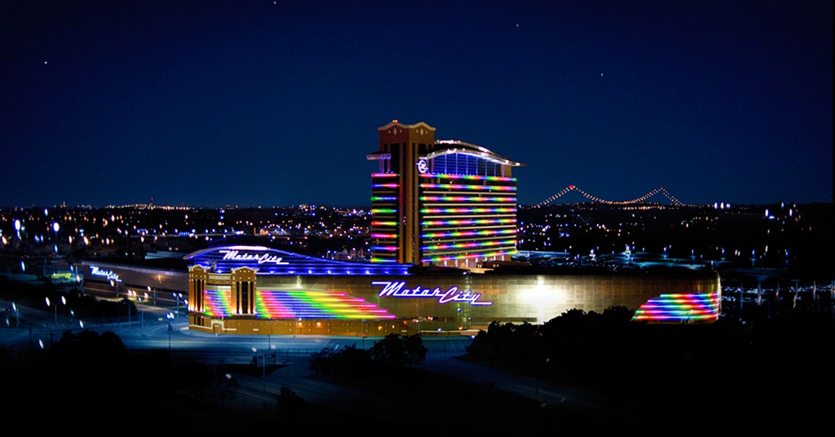 Motor City Casino Hotel is recognizable for its distinct bright lights.
