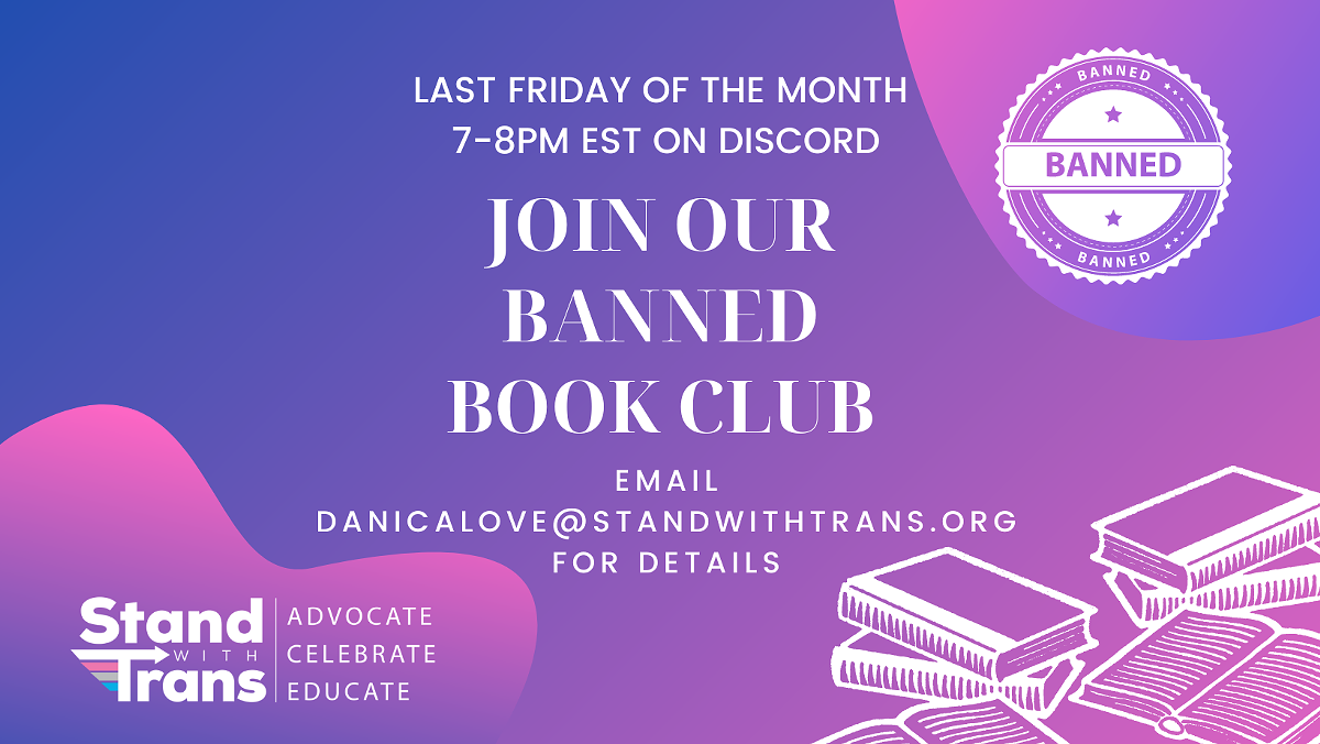 Pink and blue background. "Join our Banned Book Club". Books graphic in bottom right corner. "Banned" stamp top right corner.