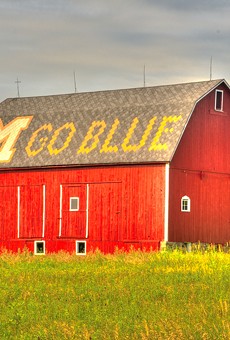 A barn with "M Go Blue" on the roof.