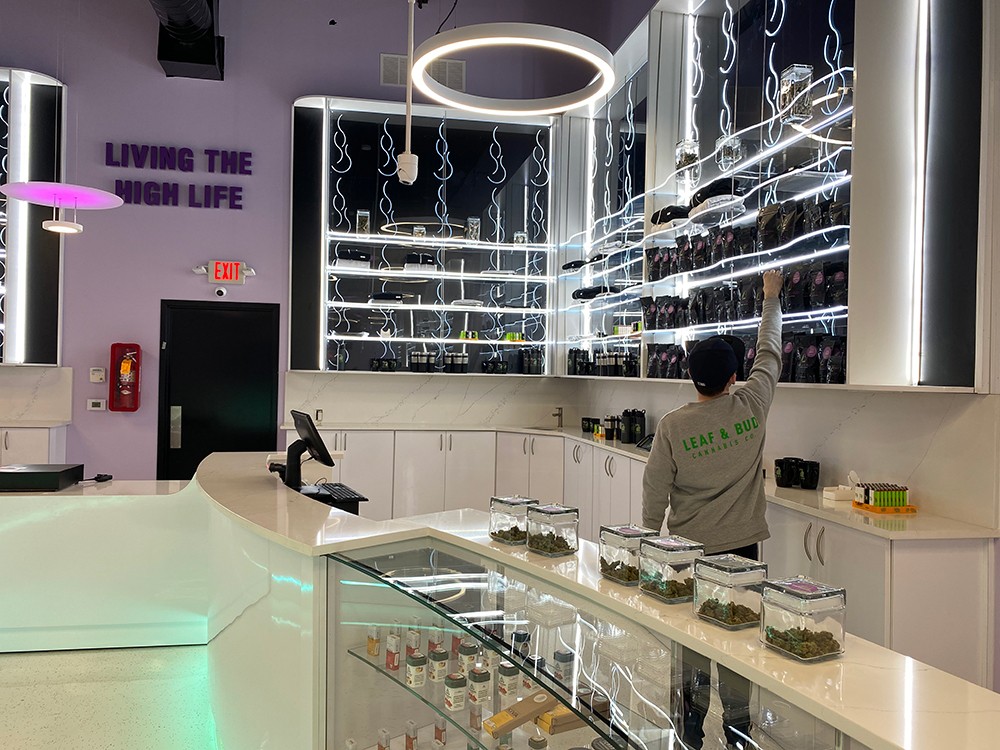 A growing industry: Leaf and Bud’s neon-accented sales floor. The new dispensary claims to be Detroit’s largest.