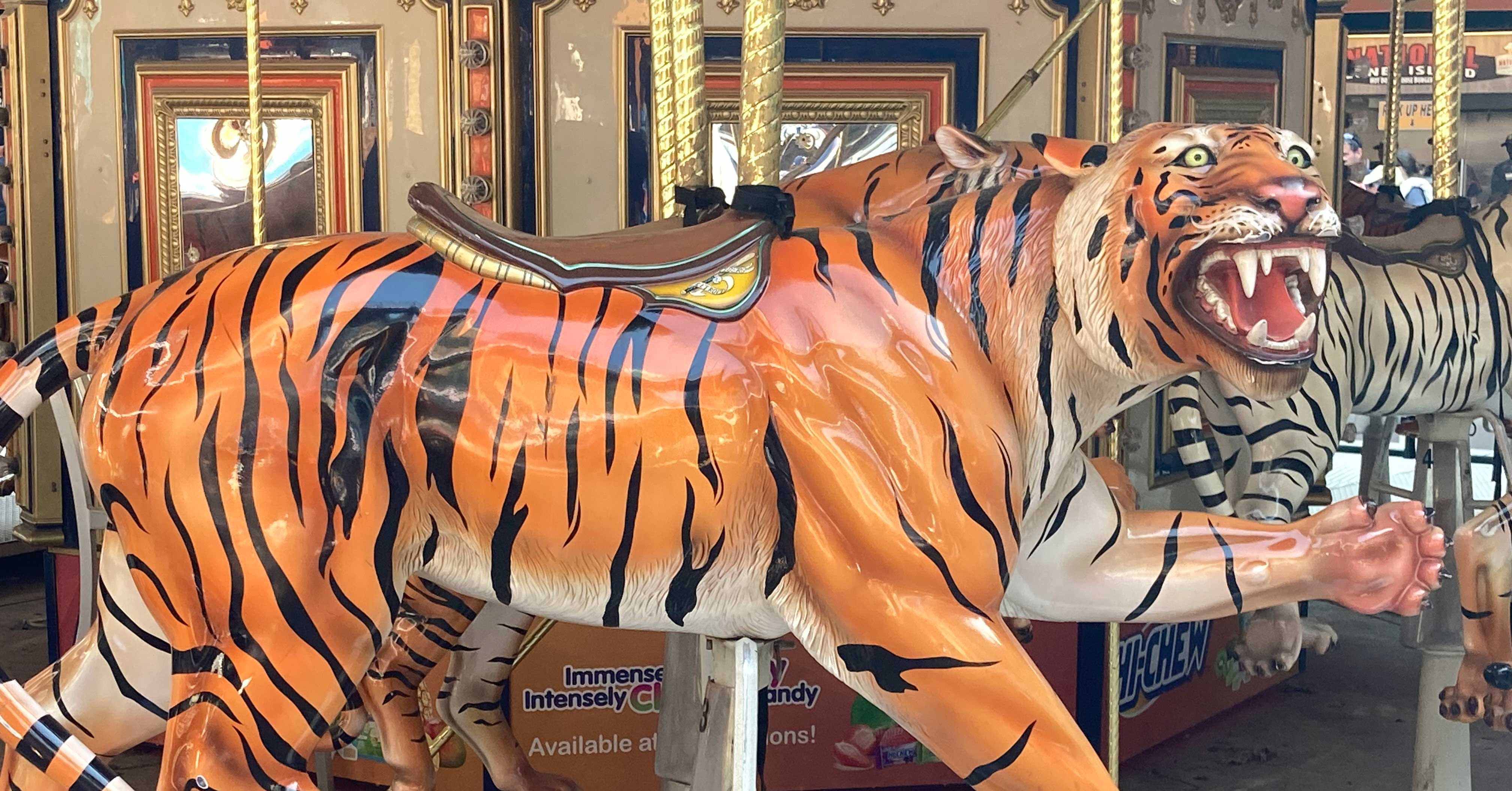 All of the animals on the carousel at Comerica Park (Detroit Tigers  baseball) are ferocious tigers!!!