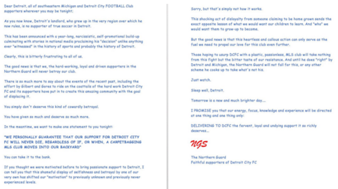 Detroit City FC superfans pen open letter to Dan Gilbert (in comic sans)