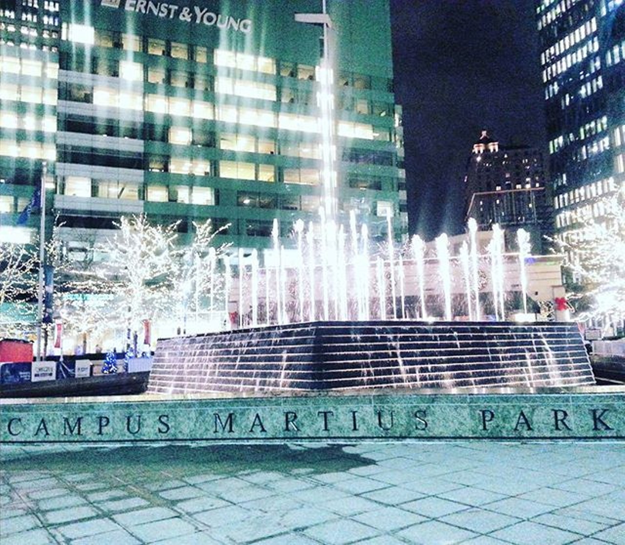 Campus Martius Park
During the winter or summer, Campus Martius Park is a great place to snag a snog, if you don&#146;t mind being watched by kids, families, tourists, etc. With the ice rink and Christmas tree in the winter or a nice green lawn in the summer, the city park can accommodate your necking needs all year round; 800 Woodward Ave.: campusmartiuspark.org. (Photo courtesy of instagram user heathercadilac)