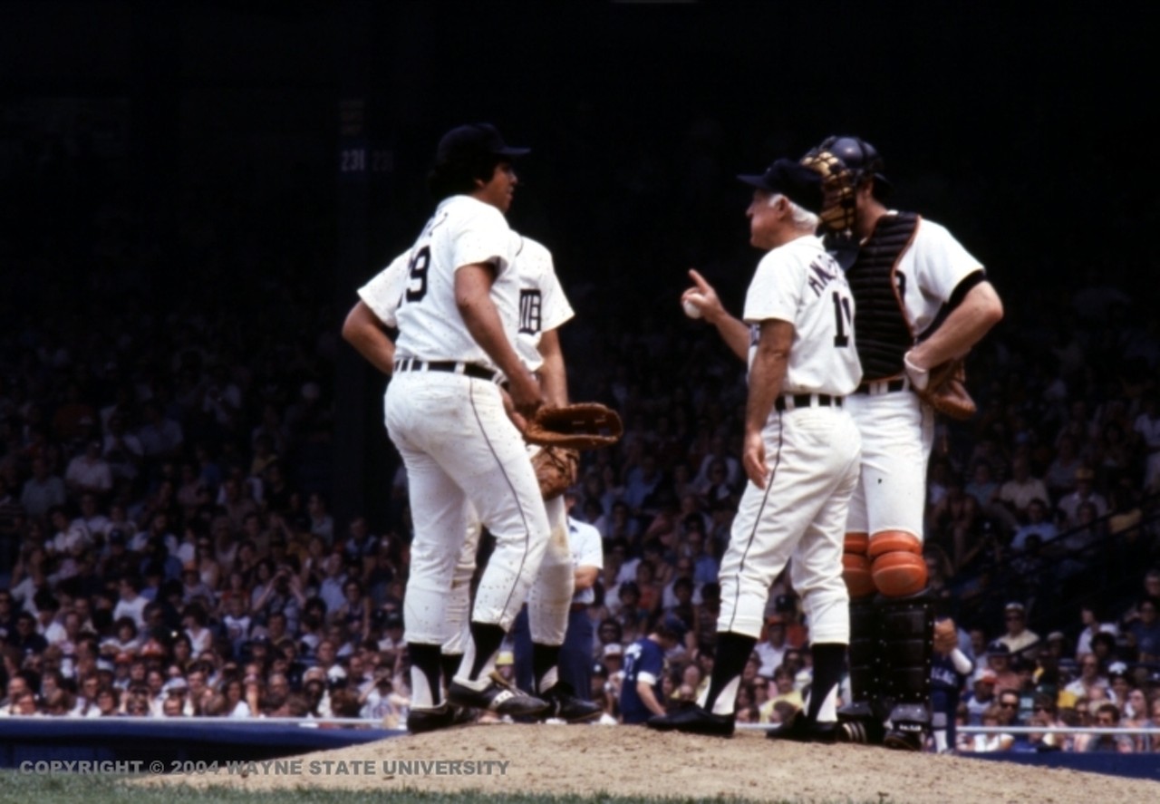 A conference on the mound with legendary Tigers manager Sparky Anderson, 1970s.