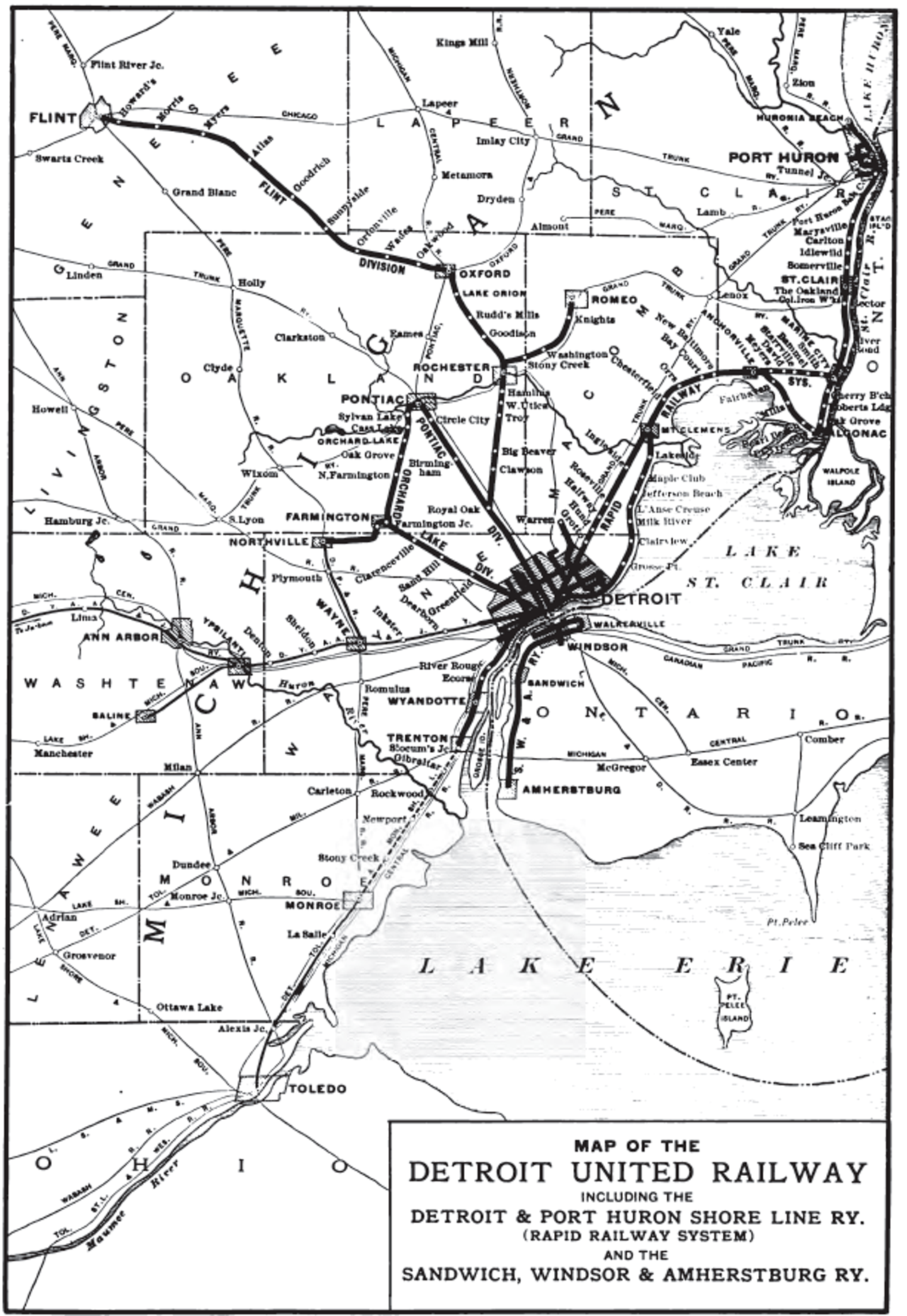 By the 1910s, Detroit was the hub of one of the largest unified electrical transportation systems in the world. Detroit United Railways operated what may have been the largest regional electric rail system in the world. It had more than 800 miles of track, more than 200 of them in the city limits of Detroit, where one fare would get you across town, and 600 miles in the high-speed interurban lines.