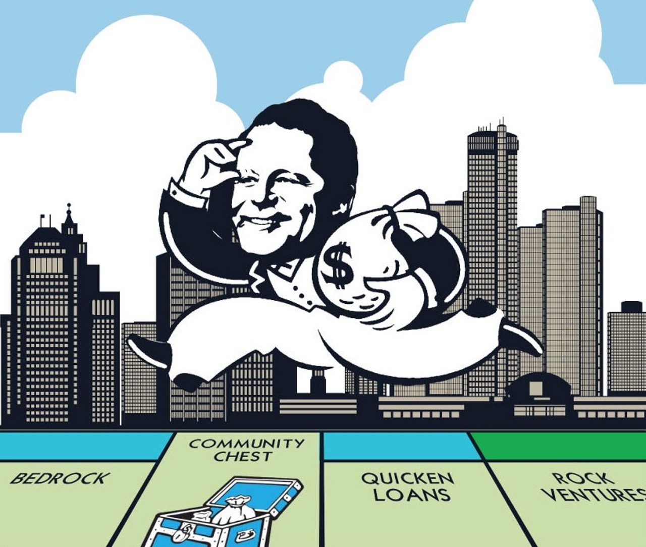 Welfare king &#151; Quicken Loans founder Dan Gilbert wins again. In May, after his cronies flood the state legislature with hundreds of thousands of dollars in campaign donations, Lansing lawmakers approve a series of &#147;transformational brownfield&#148; incentives that will let Gilbert and other wealthy developers in the state get up to $1 billion in incentives for their projects by siphoning the income taxes of those who live and work in their new buildings. The approval sets the stage for profound cash grab by Gilbert, though in order to get lawmakers to approve the giveaway, he has to convince them the money could go to other projects around the state. In the fall, it emerges that Gilbert would immediately hit up the $1 billion pot that&#146;s supposed to last five years for $250 million in order to help bankroll a new skyscraper and some other stuff he&#146;s building in an already-gleaming downtown Detroit. Let&#146;s see how far that money goes in other Michigan cities &#151; after all, it&#146;s residents across the state that are missing out on tax money that has historically gone to funding things like schools and road improvements. All this for a guy with multiple lawsuits against him &#151; and that investigations show holds a healthy level of responsibility for the mortgage crisis that catapulted the country into the Great Recession.
Illustration by Robert Nixon.