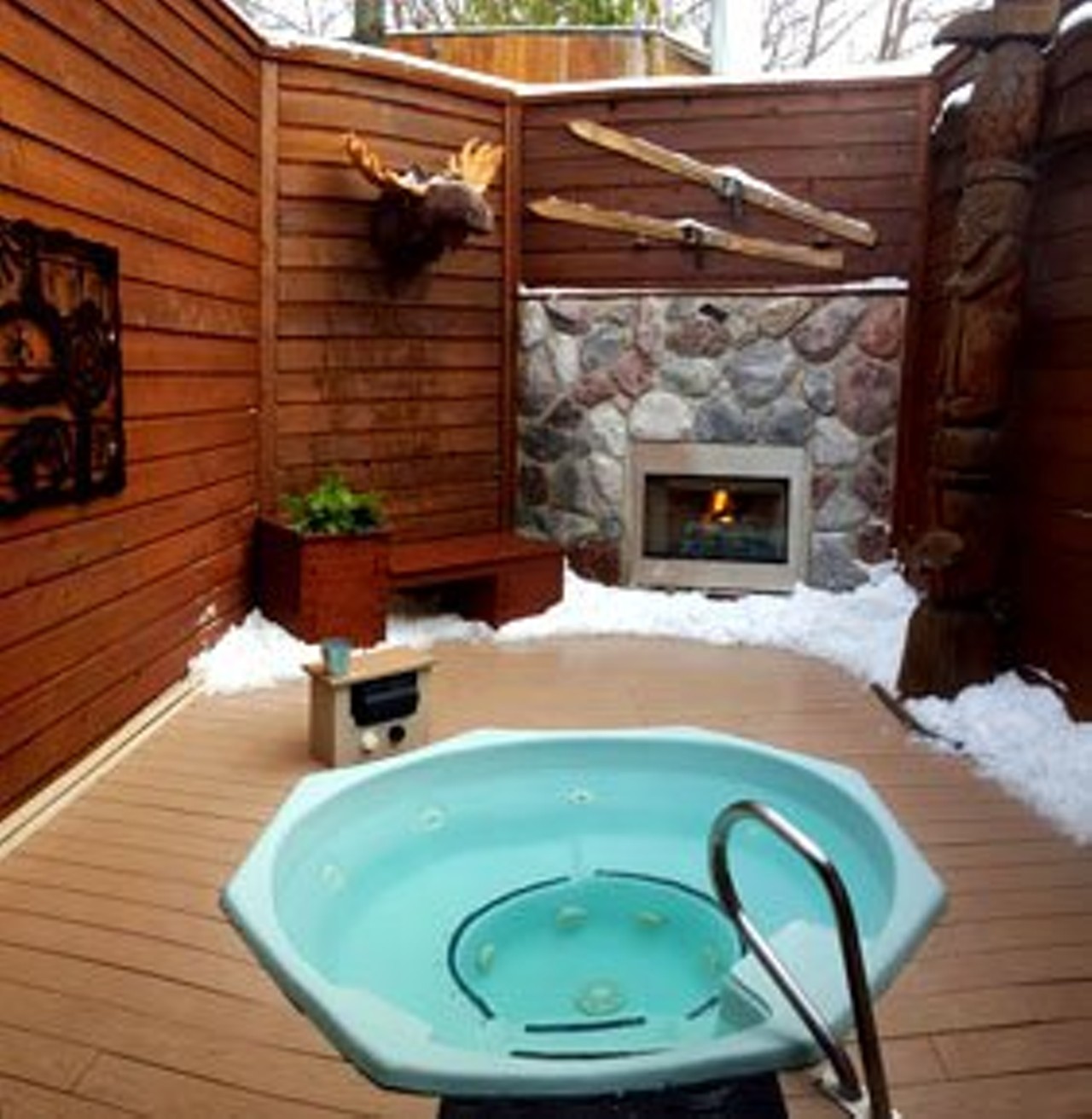 Oasis Hot Tub Gardens - 2301 S. State, Ann Arbor  734-663-9001 - 
Slip out of the cold and into the luxurious comfort of 102 degree water in a private hot tub room at Oasis Hot Tub Gardens where visitors can choose to soak in indoor or outdoor tubs decorated in themes ranging from tropical islands to rustic lodges.